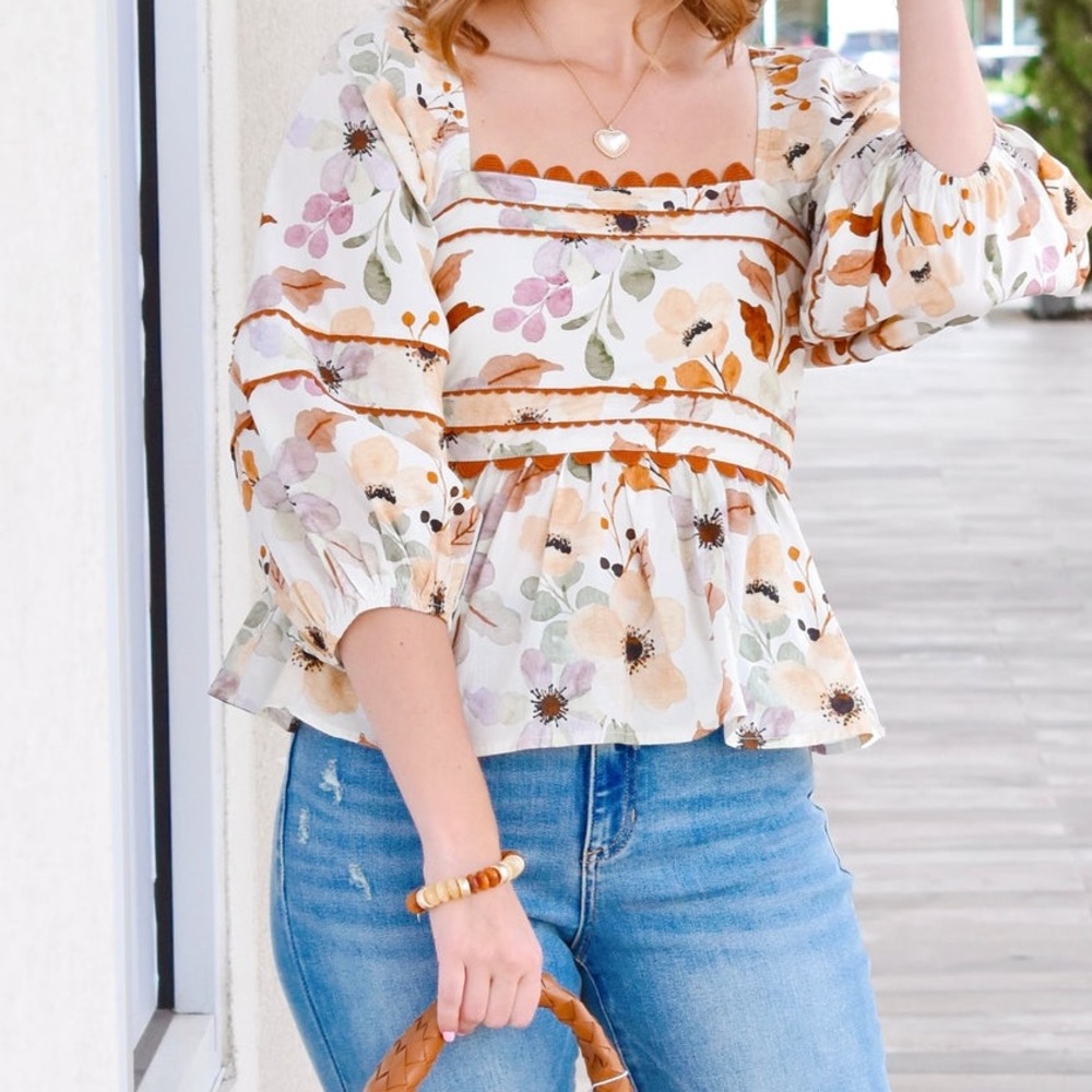 Brown Watercolor Floral Peplum Blouse Scalloped Hem Size L Cottagecore Tradwife